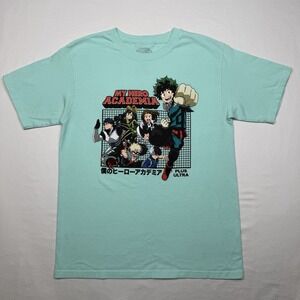 My Hero Academia Adult M T-Shirt - Deku Leads Class 1A Over Grid Teal Blue